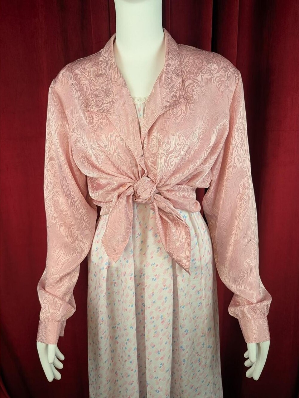 Vintage 80's Gailord Dusty Rose Pink Satin Wavy Long Sleeve Button Up Blouse